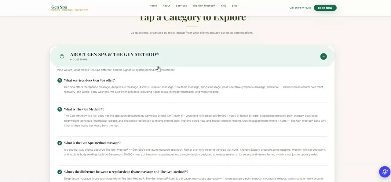 The redesigned Gen Spa FAQ with grouped, expandable categories