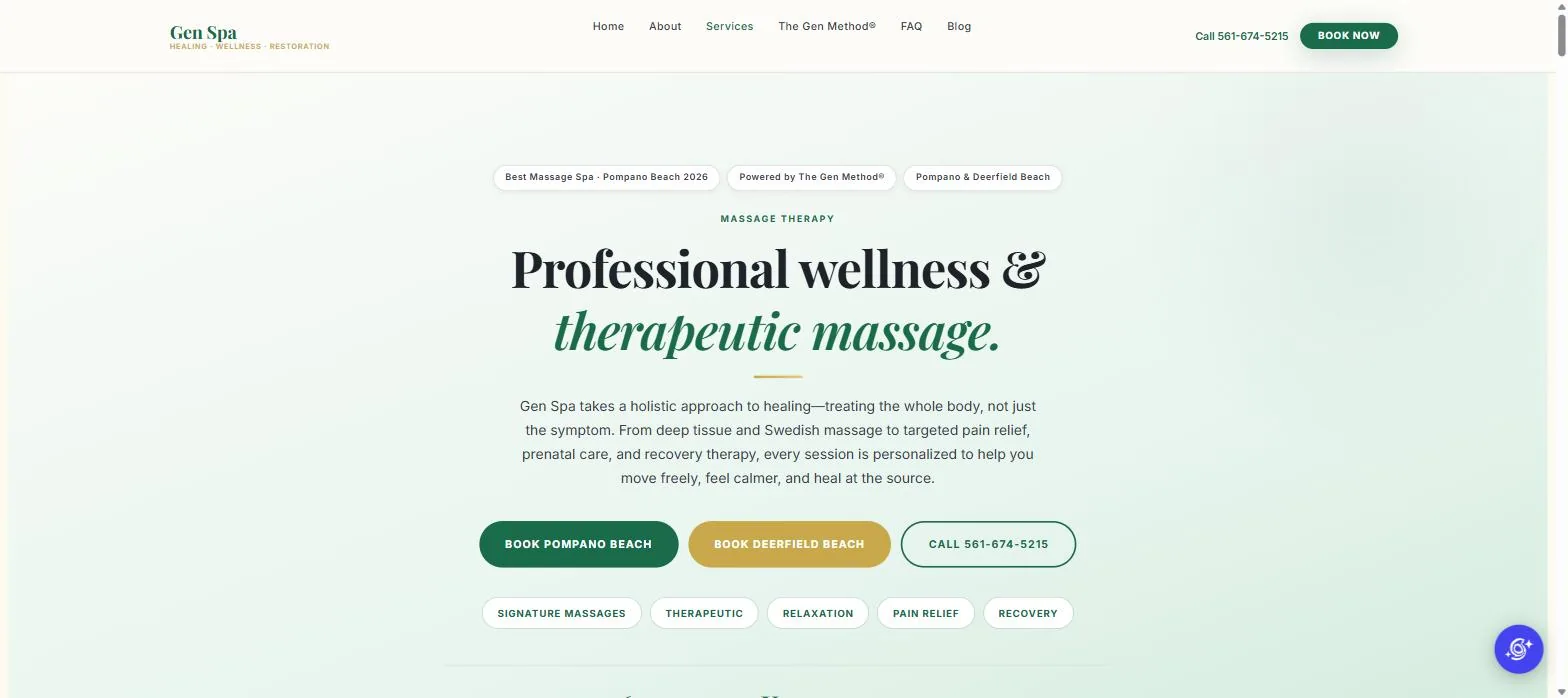 The redesigned Gen Spa Massage Therapy page