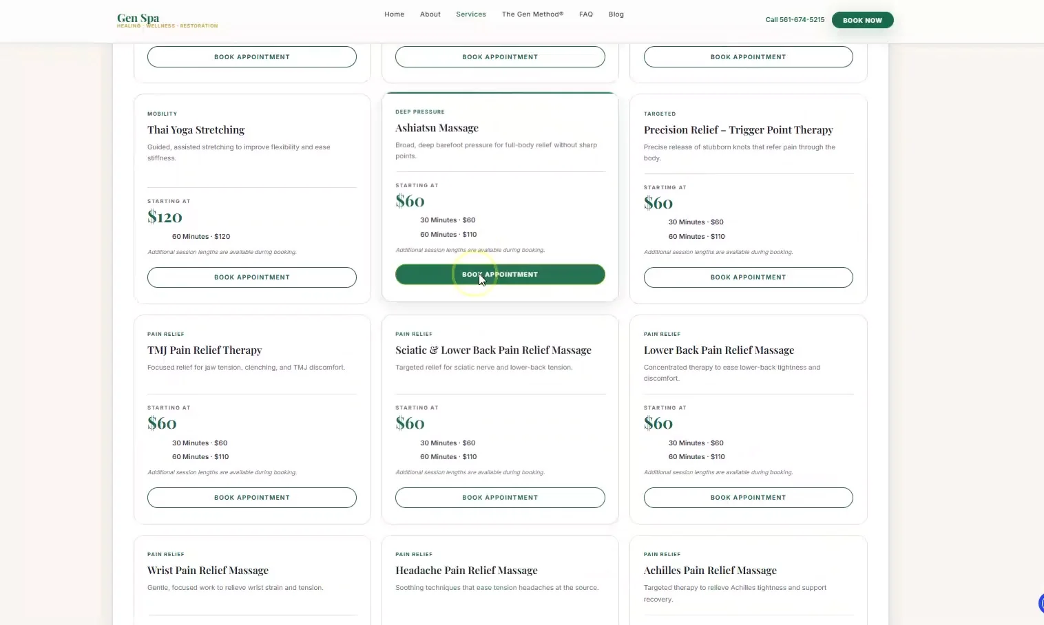 The redesigned Gen Spa services pricing grid with clear tiers and durations