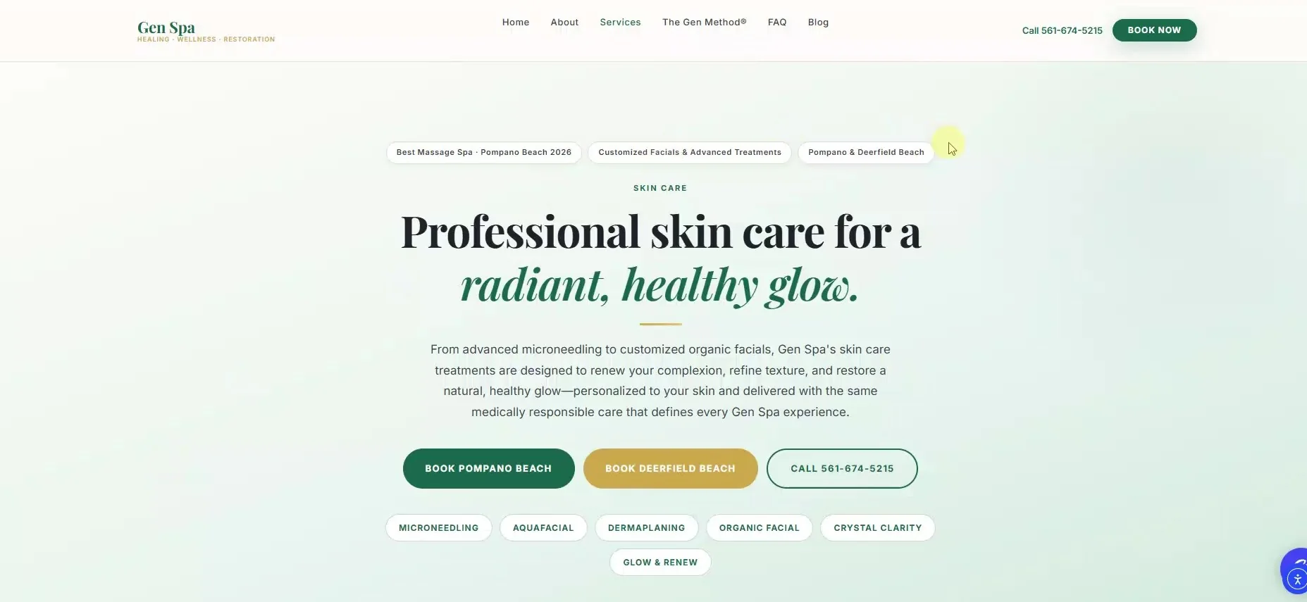 The redesigned Gen Spa Skin Care page hero