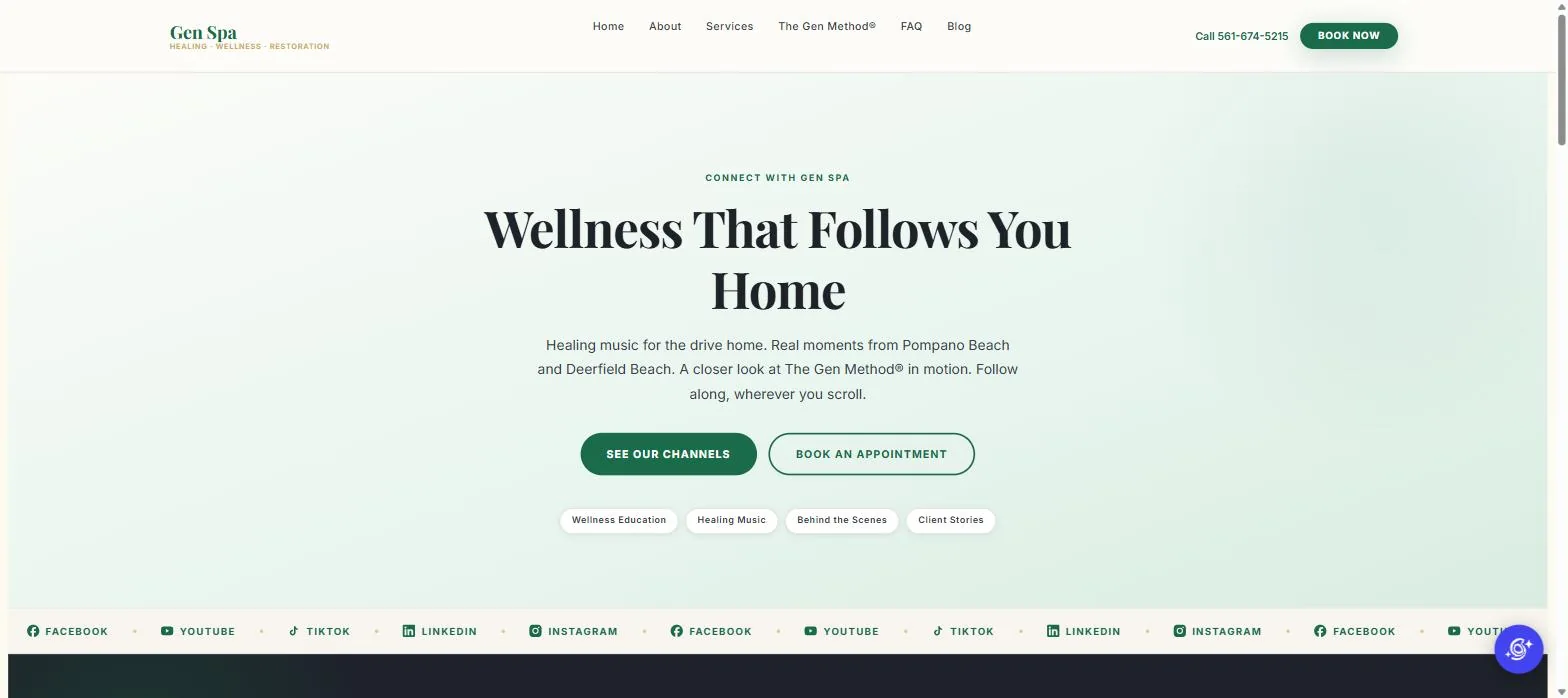 The rebuilt Gen Spa Social page linking to the social channels for both locations