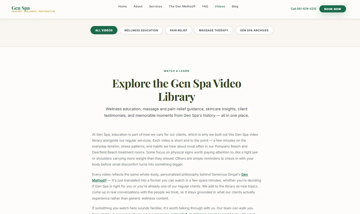 Video category filters with introductory copy above the video grid
