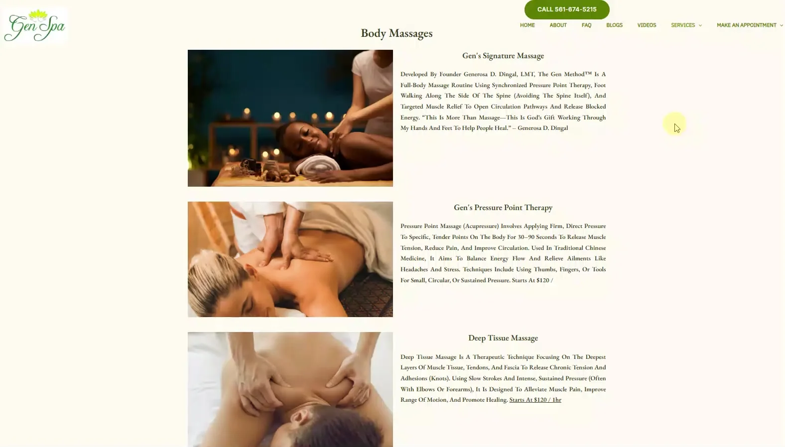 The previous Gen Spa Services page with plain text treatment listings