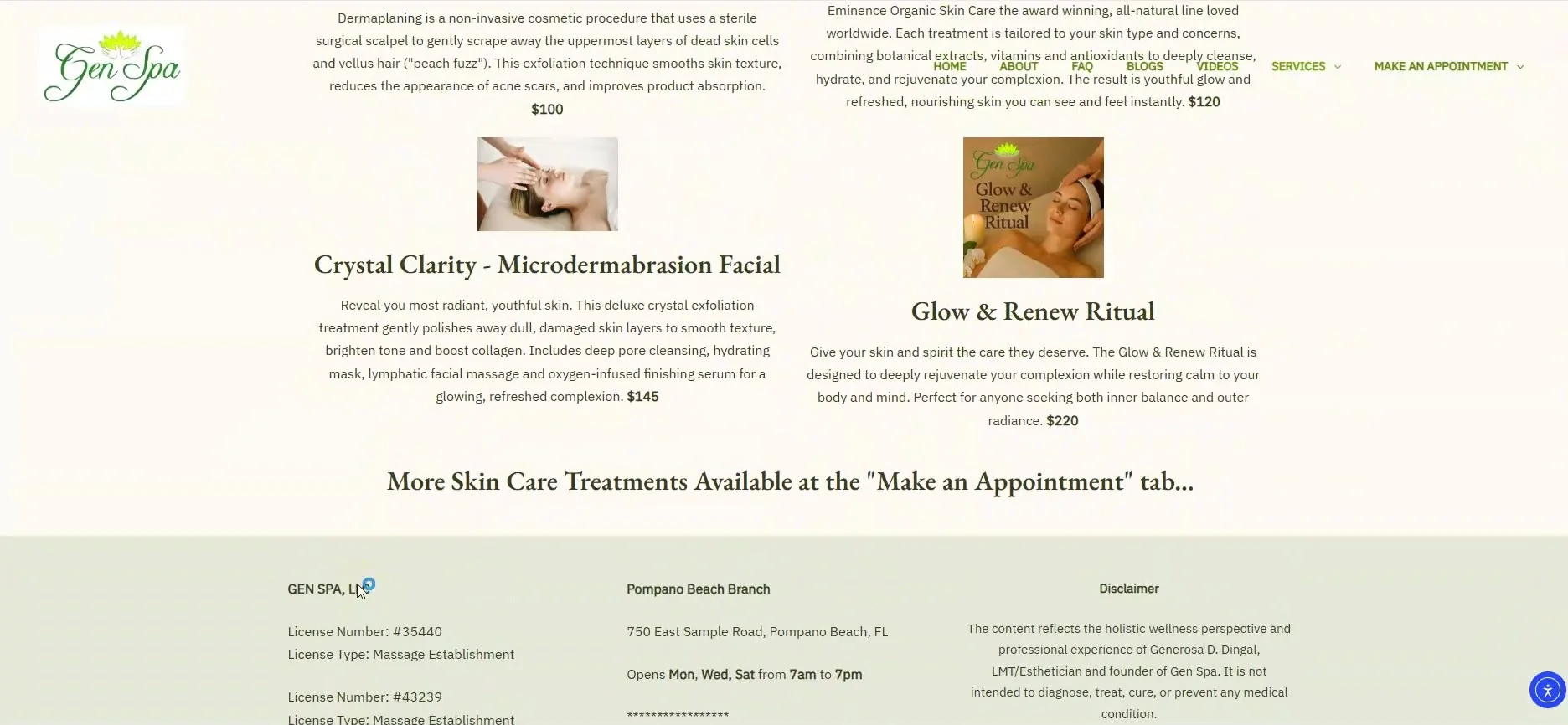 The previous Gen Spa Skin Care page, with an overlapping navigation menu rendering on top of the page copy