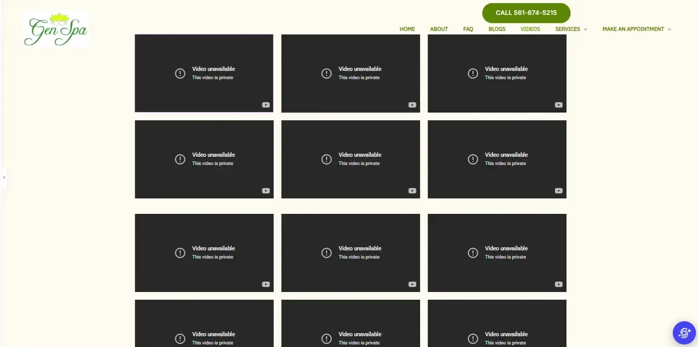 The previous Gen Spa video page: a plain grid of embedded videos, several showing as unavailable