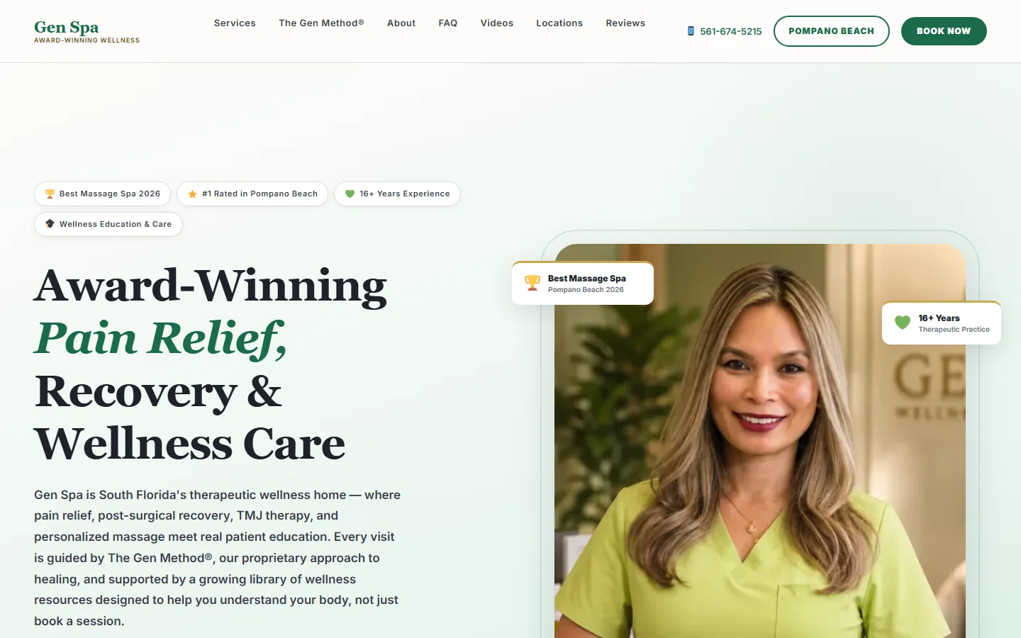 The Gen Spa home page on a laptop: the pain relief, recovery and wellness care headline, beside a photograph of the practitioner.
