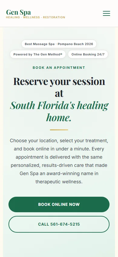 The Gen Spa booking page on a phone: reserve your session, with book online and call buttons.