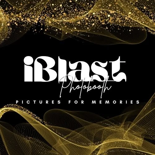 The current iBlast Photobooth logo: a bold display wordmark over a gold sparkle-and-wave background with the tagline Pictures for Memories