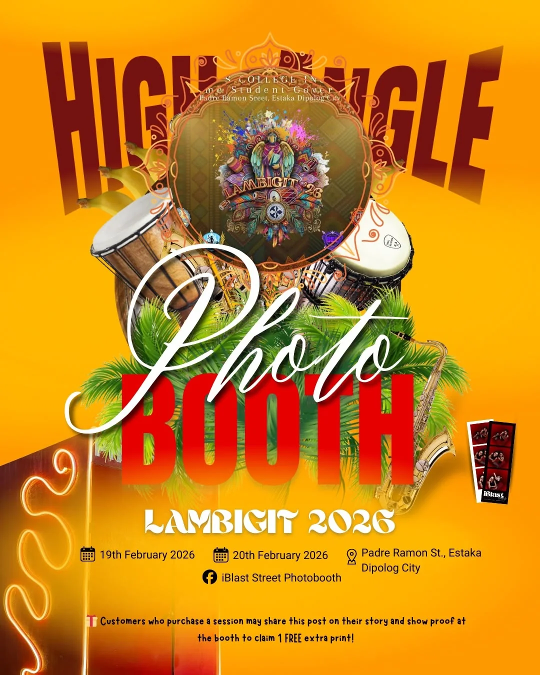 High Angle Photobooth poster for Lambigit 2026 on Padre Ramon Street, Estaka, Dipolog City, dated 19 and 20 February 2026