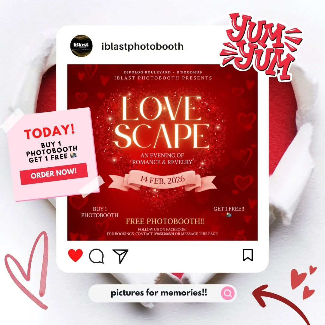 iBlast Photobooth Instagram graphic for Love Scape, a Valentine&rsquo;s evening at D&rsquo;Foodhub on Dipolog Boulevard, offering buy one photobooth session get one free