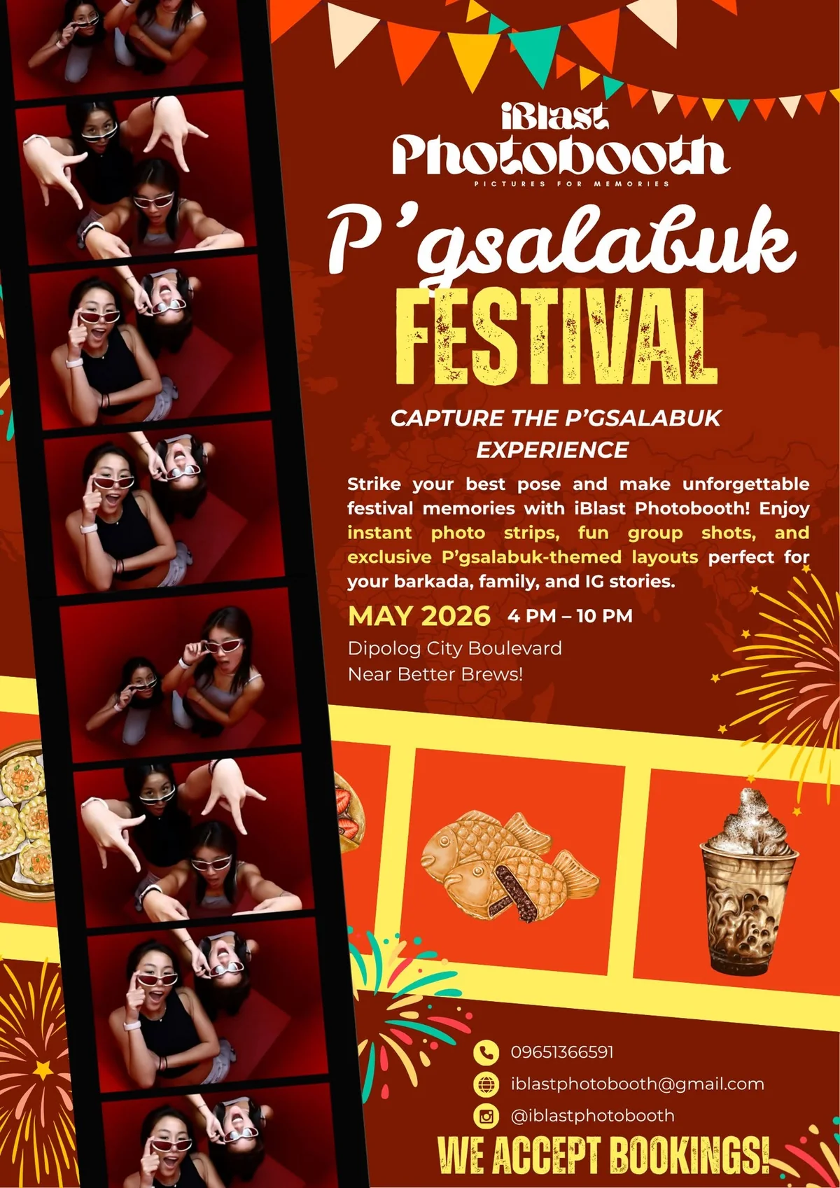 iBlast Photobooth promotional poster for the P'gsalabuk Festival, May 2026 at Dipolog City Boulevard, with booking contact details and a sample photo strip
