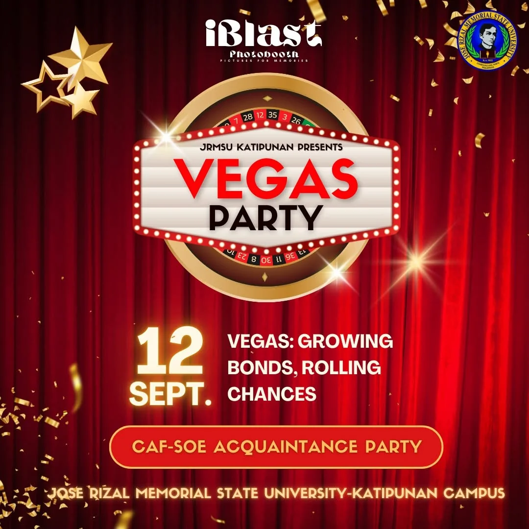 iBlast Photobooth promotional graphic for a Vegas-themed party at Jose Rizal Memorial State University, Katipunan campus