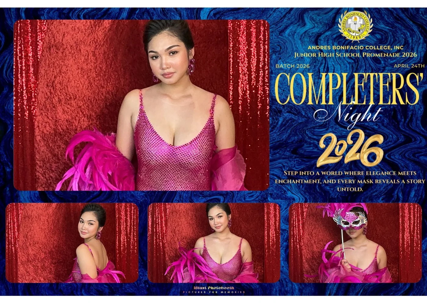 Photobooth layout design for ABC Completers' Night 2026, in deep red and blue