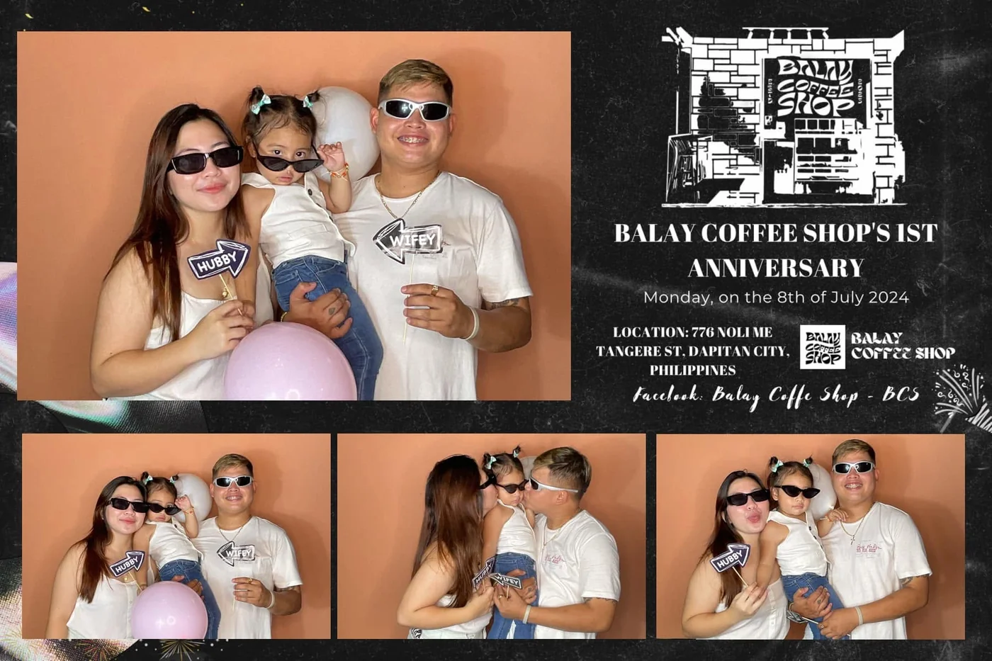 Photobooth layout design for Balay Coffee Shop's first anniversary, in a chalkboard style