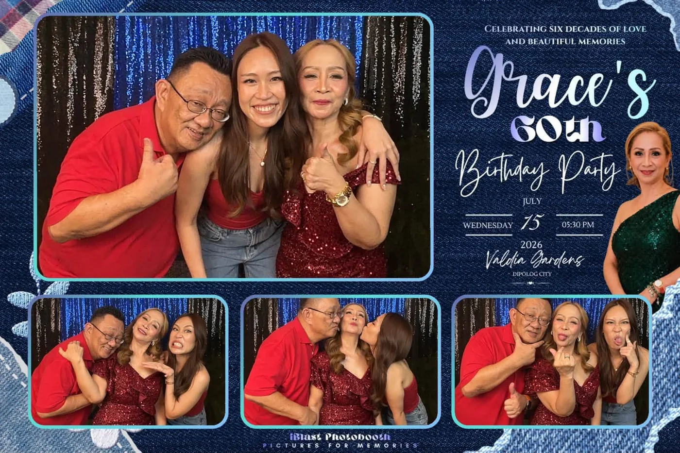 The final approved iBlast Photobooth print layout for Grace's 60th birthday, in denim blue with pale silver-blue lettering