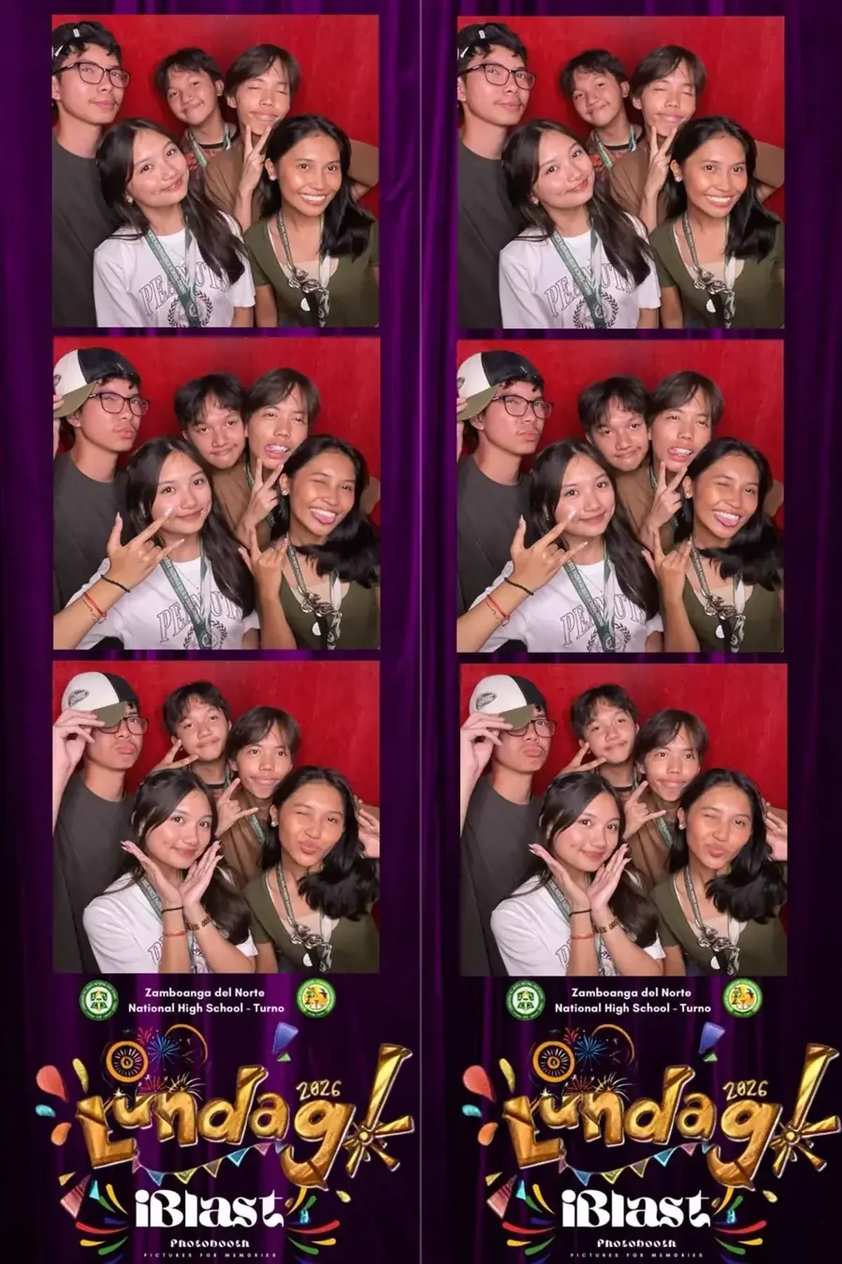 Photobooth print layout for Lundag 2026 at Zamboanga del Norte National High School, Turno, in a vertical strip format with gold balloon lettering on purple