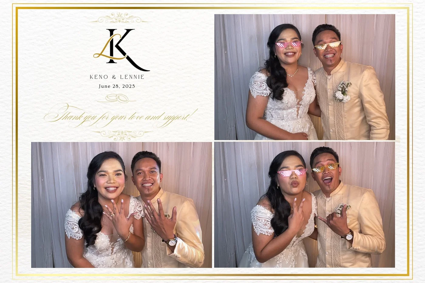 Photobooth layout design for the wedding of Keno and Lennie, in cream and gold