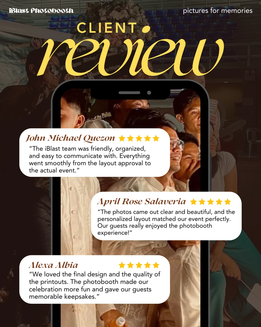 A review graphic designed for the iBlast Photobooth page, laying out three customer reviews as a shareable card