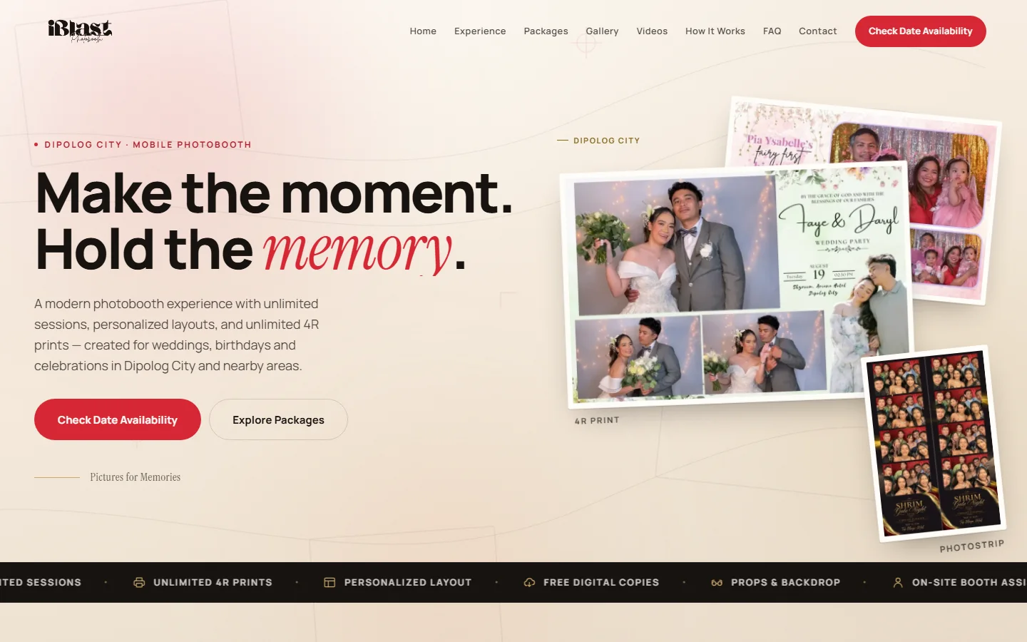 The iBlast Photobooth home page in a browser: make the moment, hold the memory, beside real event print layouts.