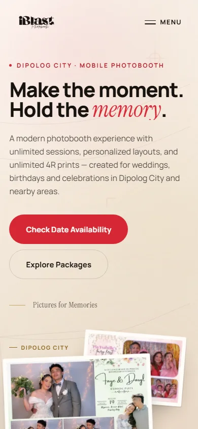 The iBlast Photobooth site on a phone, with the check date availability button in reach of a thumb.