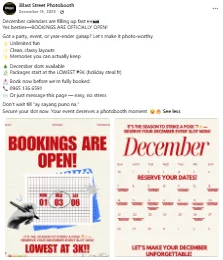 Facebook post announcing December bookings are open, with packages starting at three thousand pesos