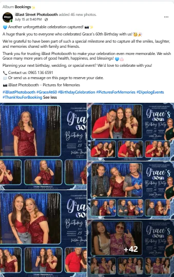 Facebook thank-you post for Grace's 60th birthday celebration