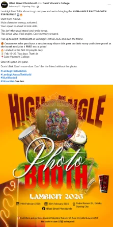 Facebook promotional post for the high-angle photobooth experience at Lambigit Festival 2026, Saint Vincent's College