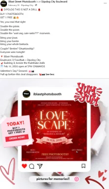 Facebook promotional post for Love Scape, a Valentine&rsquo;s event at D&rsquo;Foodhub on Dipolog City Boulevard, offering a free photobooth session with the promo