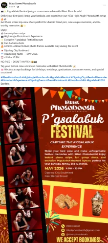 Facebook promotional post for P'gsalabuk Festival on Dipolog City Boulevard, announcing the High Angle Photobooth setup and listing what the package includes