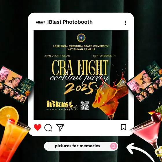 Promotional graphic for CBA Night 2025, a university cocktail party: gold type on black with cocktail imagery and sample print strips.