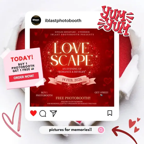 Promotional graphic for Love Scape, a Valentine&rsquo;s event: a red romance-themed post framed as an Instagram card with a buy-one-get-one photobooth offer.