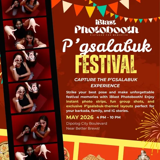 Promotional graphic for P&rsquo;gsalabuk Festival: the iBlast Photobooth wordmark over a photo strip, with the May 2026 date, venue and what the package includes.
