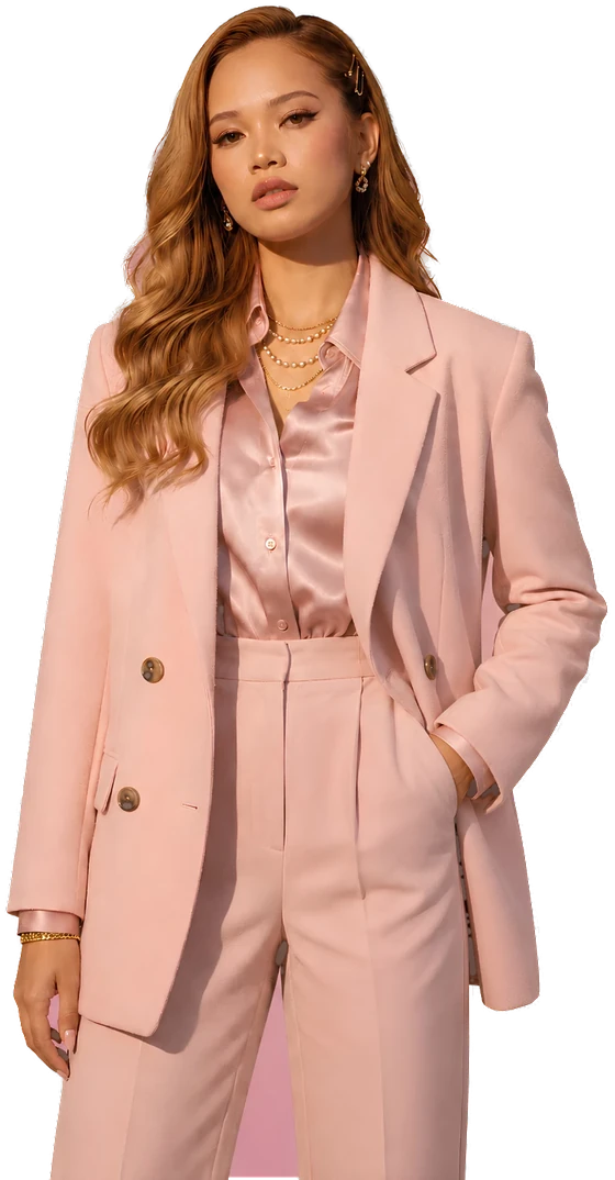 Jannelle Orilla, one hand in her pocket, in a blush pink suit.