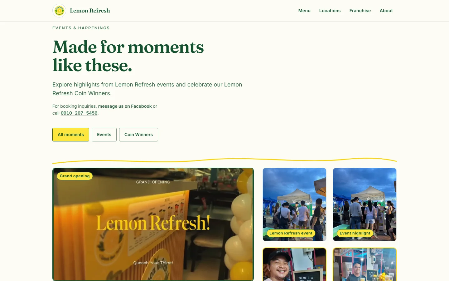 The Lemon Refresh events section: the heading Made for moments like these, filters for All moments, Events and Coin Winners, a grand opening film and photographs of event stalls and Coin Winners