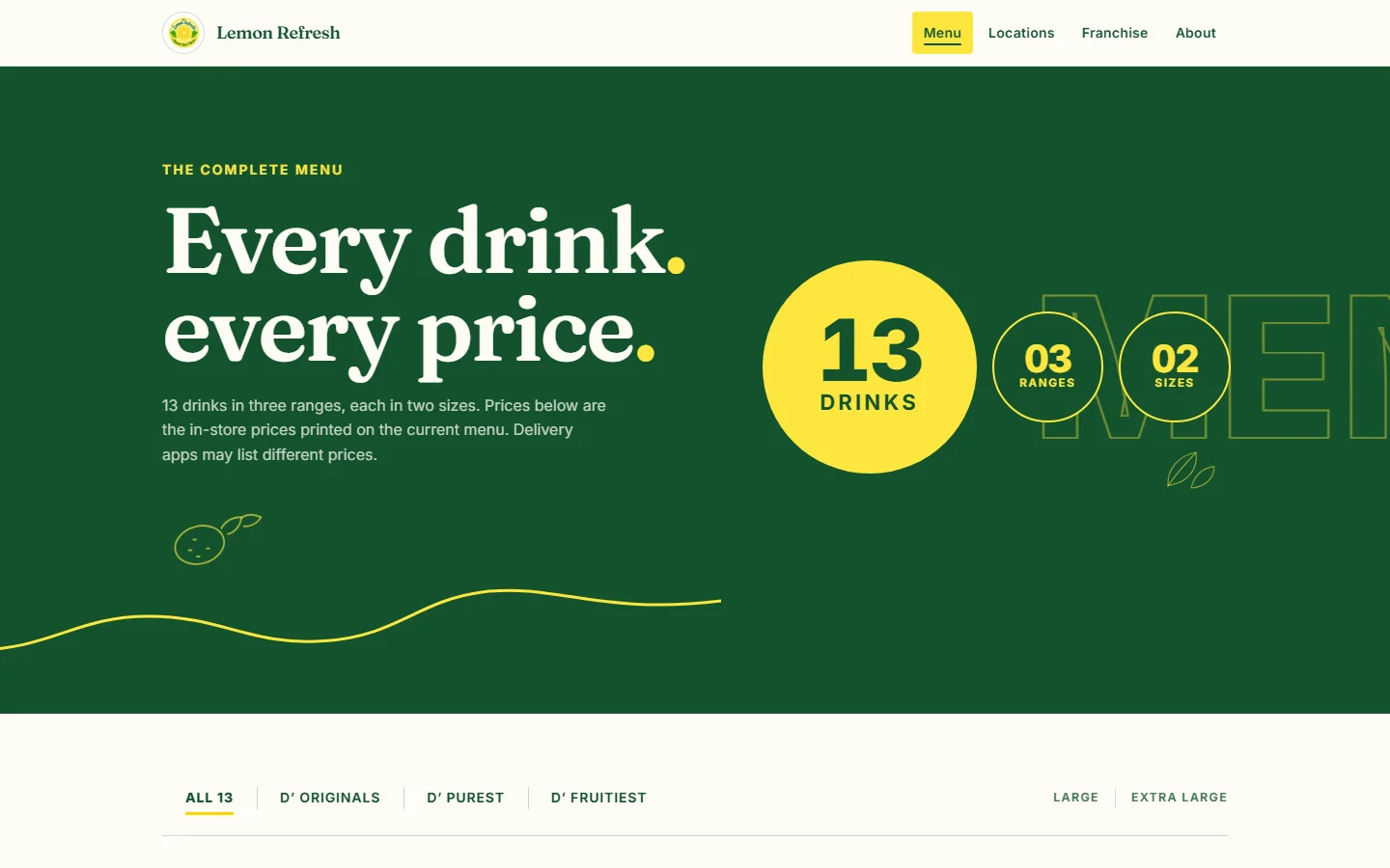 The Lemon Refresh menu page header: Every drink, every price, with counters reading 13 drinks, 03 ranges, 02 sizes, above filters for All 13, D' Originals, D' Purest, D' Fruitiest and a Large / Extra Large toggle
