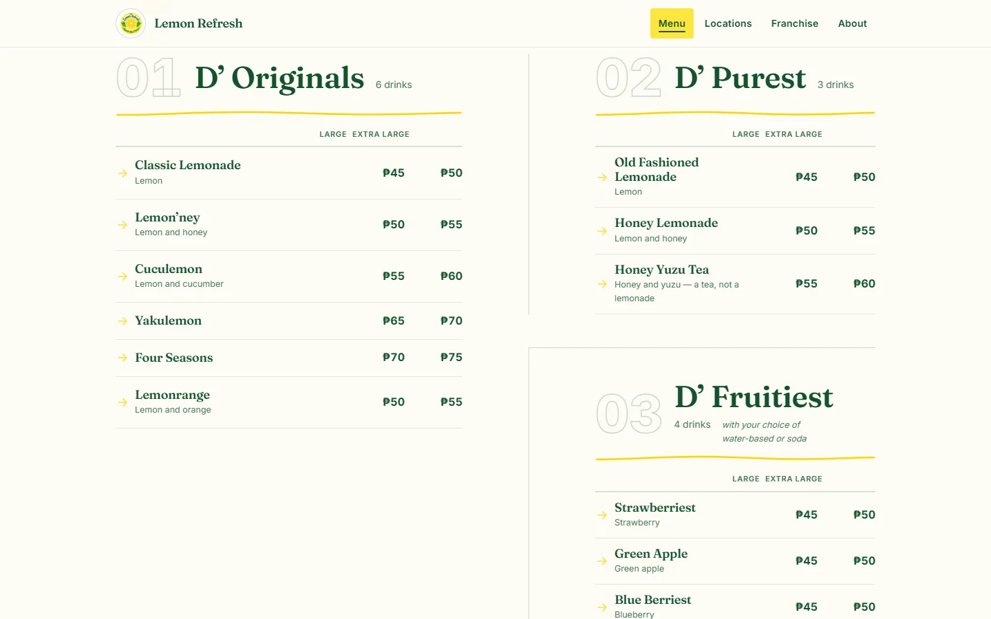 Lemon Refresh price tables: D' Originals with six drinks from 45 to 75 pesos, D' Purest with three drinks, and D' Fruitiest with four, each row showing the Large and Extra Large price in aligned columns