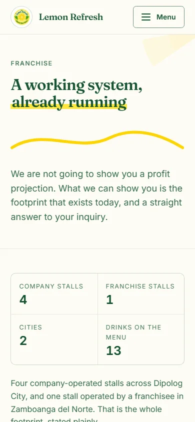 The Lemon Refresh franchise inquiry form on a phone, showing labelled fields for name, email, mobile number and target city with required-field marks and helper text