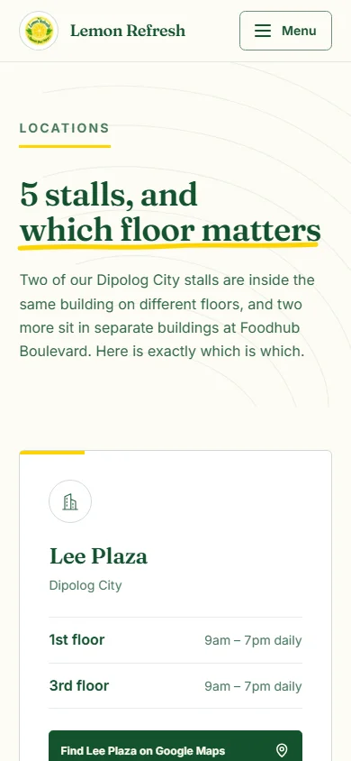 The Lemon Refresh locations page on a phone, with each venue as a full-width card listing its floors or buildings and hours
