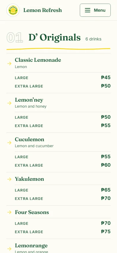 The Lemon Refresh menu on a phone, showing each drink with its Large and Extra Large price side by side.
