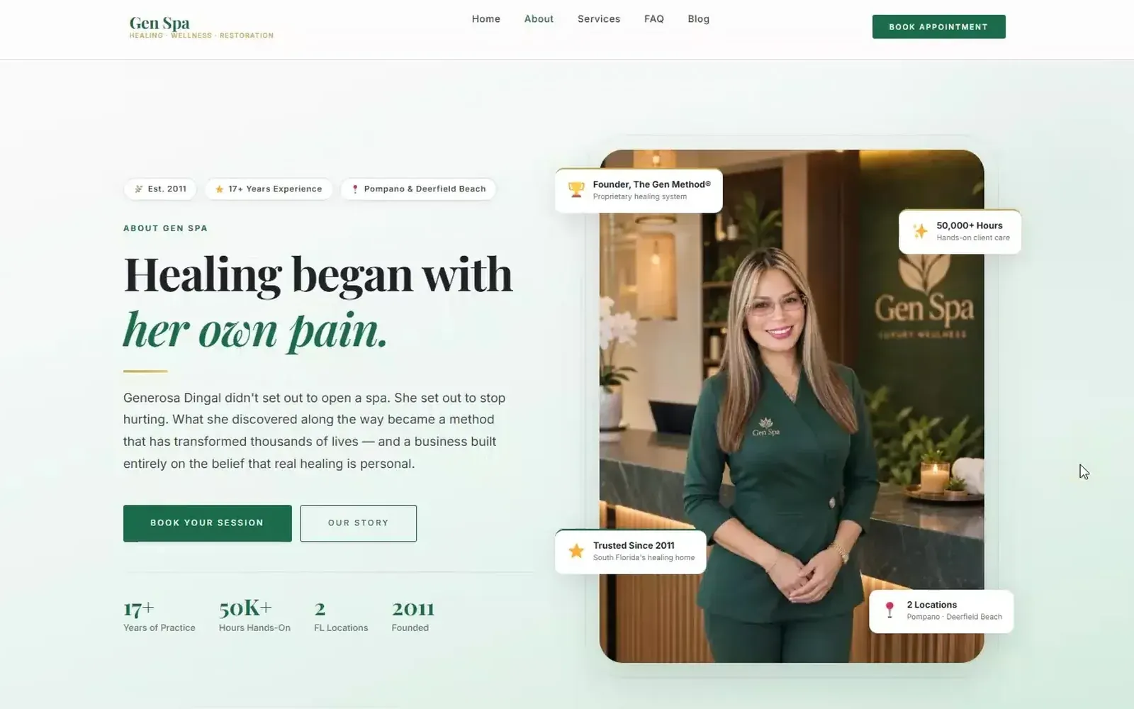 The redesigned Gen Spa About page showing the rebuilt hero section
